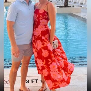 Olivaceous Red and Pink Floral Maxi Dress